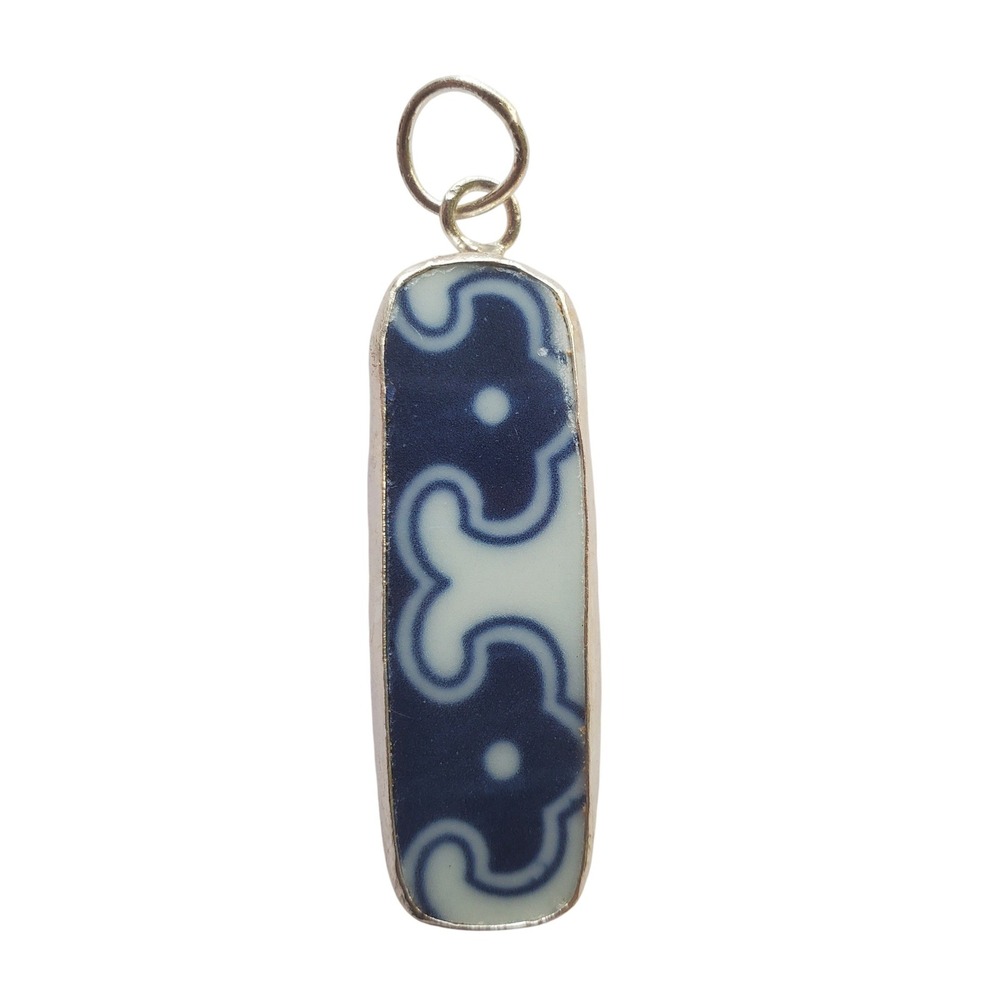 Blue & White Porcelain Shard Pendant Rectangular Silvertone Chinoiserie Jewelry